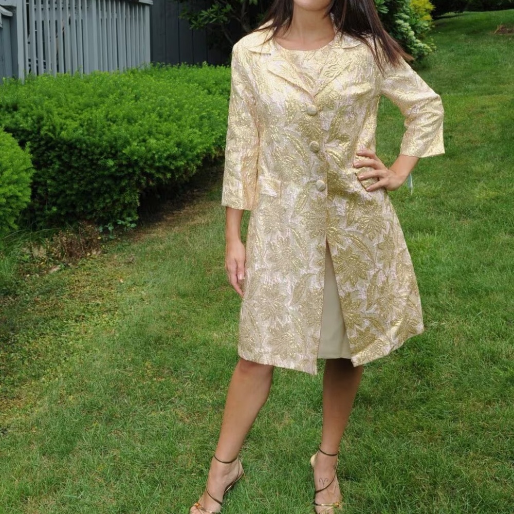 Vintage Gold Dress and Coat NWT  Wedding Chic Size M Two Pieces Brocade